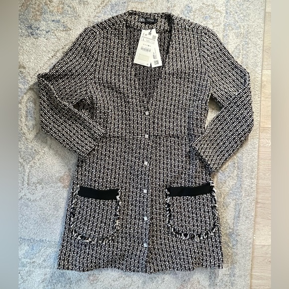 NWT ZARA TEXTURED DRESS WITH JEWEL BUTTON BLACK / ECRU 2120/240 - Picture 7 of 13